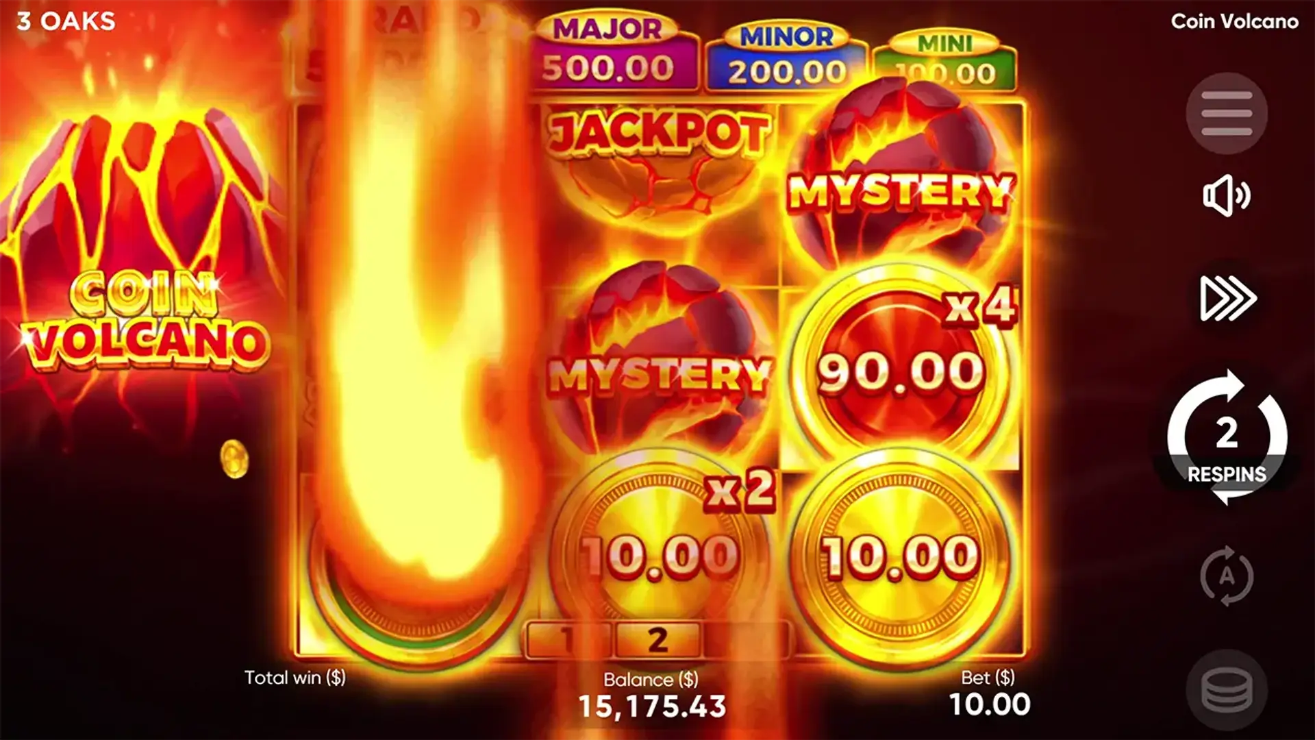 Coin Volcano gameplay &mdash; volc&aacute;n escupiendo monedas doradas en parrilla 5x4