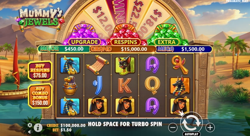 Mummy's Jewels gameplay &mdash; parrilla 5x3 con tem&aacute;tica egipcia y wild expandido