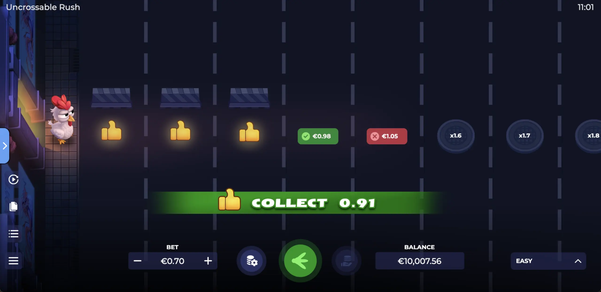 Uncrossable Rush gameplay &mdash; peat&oacute;n cruzando carriles con multiplicador visible
